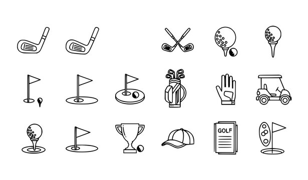 Golf club outline icons set with ball tee flag bag and equipment line art vector