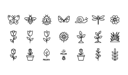 Spring garden insects and floral outline icons collection with minimalist hand drawn vector set © Shukimon