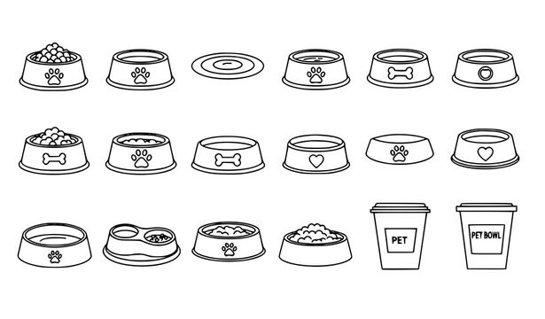 Dog bowl outline icons set with empty and full pet dishes paws bones hearts vector
