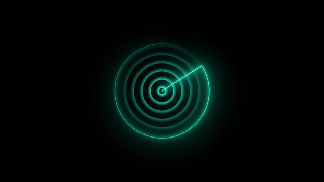 Glowing neon line ship radar and plane radar icon animation. Neon blue radio waves concept location searching on black background. 4k video	