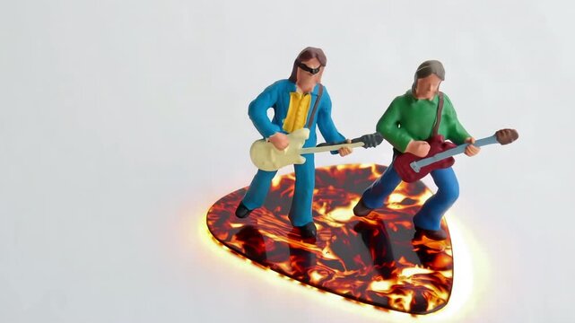 Miniature Guitarists Performing on a Giant Guitar Pick Stage