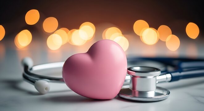 Pink heart beside stethoscope, with bokeh lights, on a marble surface, concept of health