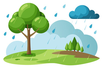 Fototapeta premium A charming vector illustration depicting a peaceful outdoor landscape with a large tree and smaller evergreen trees under a raining cloud