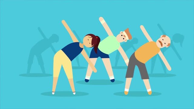 People doing stretching exercise together animation, fitness workout and healthy lifestyle concept