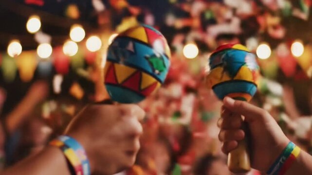 Hands holding maracas celebrating at vibrant party with confetti