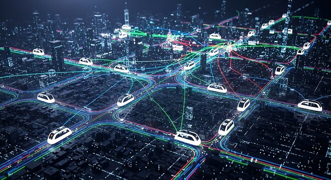 Smart City Traffic Network with Connected Cars, IoT Communication and Digital Urban Infrastructure at Night