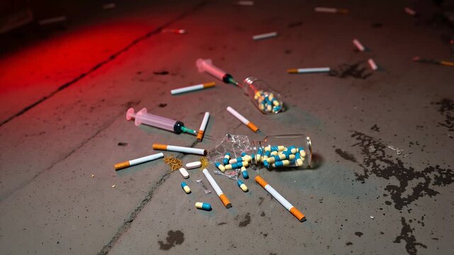 Syringes, pills, and cigarettes scattered on a dirty ground, depicting drug abuse and addiction.