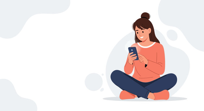 Young Woman Sitting Cross-legged Using Smartphone, Modern Flat Illustration