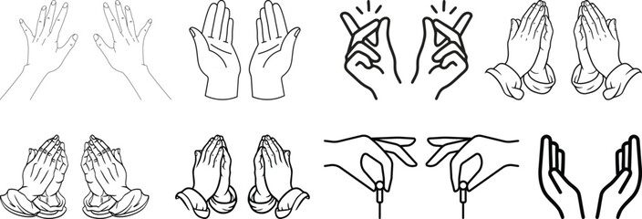 Fototapeta premium Minimal prayer hands and finger heart gesture line icons collection representing love, gratitude, hope, spirituality and positive emotions in modern outline style.