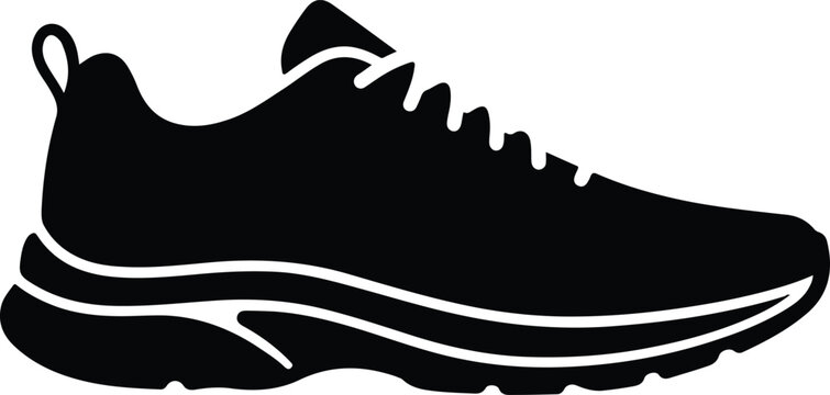 Black Running Sneaker Silhouette Isolated Side View,
Black silhouette of a modern running sneaker, side view isolated on light background, representing athletic footwear, fitness, and casual sport sty