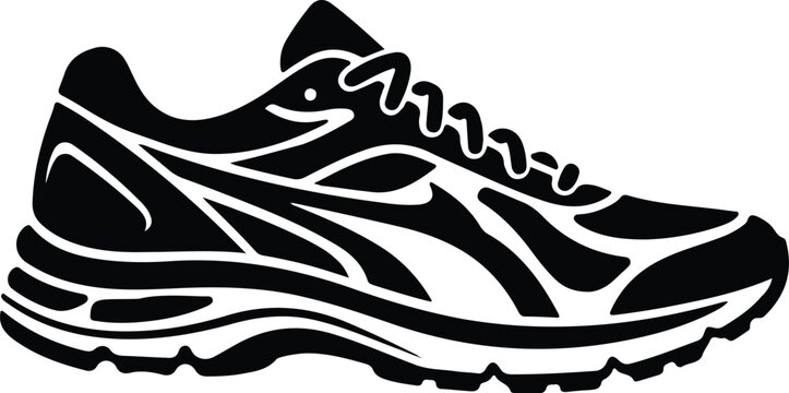Black White Running Sneaker Sport Shoe Illustration,
Black and white vector illustration of modern running sneaker, side view athletic shoe with laces and thick sole, sporty icon.