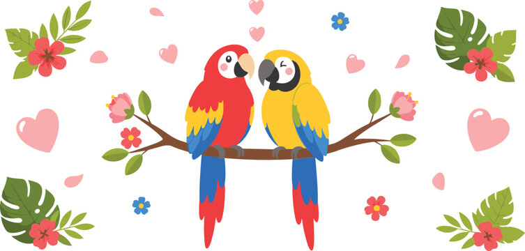 Cute parrot couple sitting on branch vector illustration with tropical flowers and leaves, colorful macaw birds love concept romantic nature design