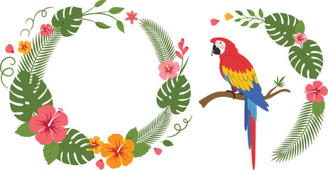 Tropical floral wreath and macaw parrot vector illustration set with jungle leaves, hibiscus flowers, exotic nature frame decoration design © Jahangir