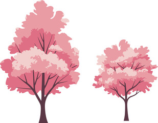 Obraz premium Two Pink Blossoming Trees with Dark Brown Trunks and Branches on White Background flowers