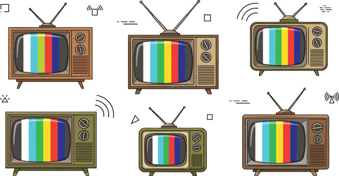 Retro vintage television set collection vector illustration with old TV screens, classic broadcast color bars, nostalgic media technology icons