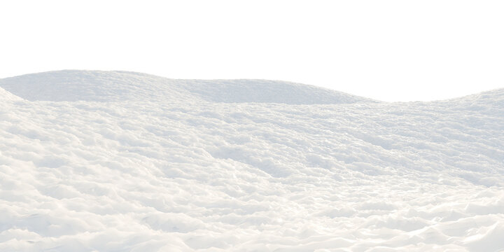 Rolling winter landscape covered with soft white snow forming smooth snowdrifts and frozen terrain. Minimal snowy environment isolated on transparent background, 3d rendering.