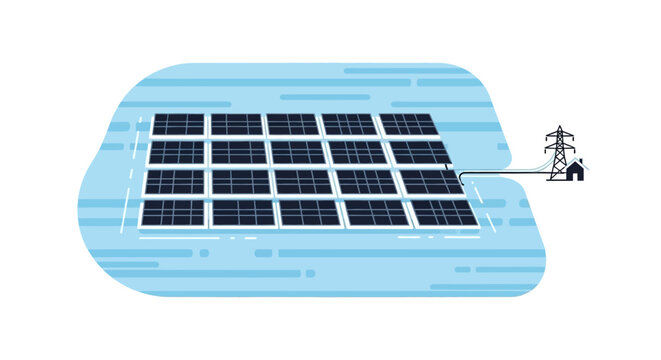 Floating solar panel array on serene water surface with power line and tower in background, minimalist modern renewable energy concept
