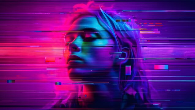 A distorted portrait of a woman with a glitchy, neon-colored effect
