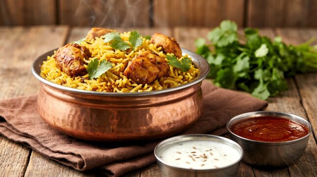 Steaming hot flavorful chicken biryani served traditionally in a copper handi with sides