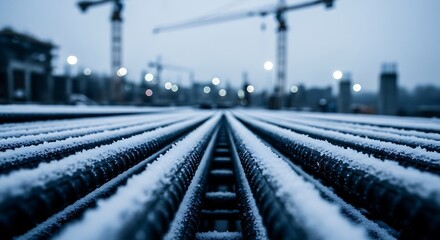 Obraz premium Rebar covered in snow leads to distant construction cranes under a gloomy, cold sky
