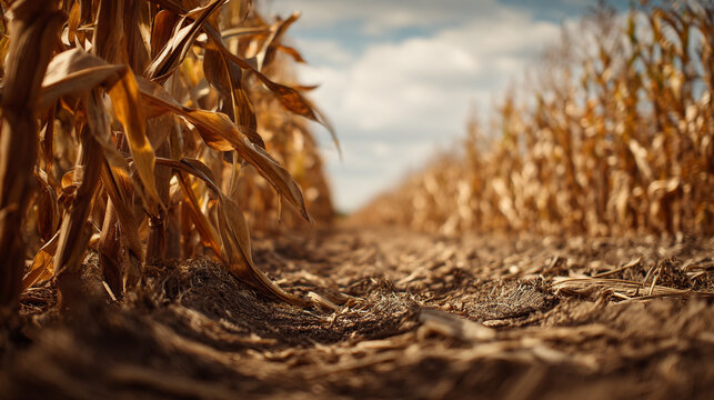 Harvested cornfield with dry cornstalks and soil under a cloudy sky