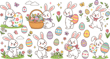 Cute Cartoon Easter Bunny Collection with Rabbits Holding Colorful Easter Eggs, Spring Flowers, Basket, Butterflies and Holiday Celebration Elements Illustration Set