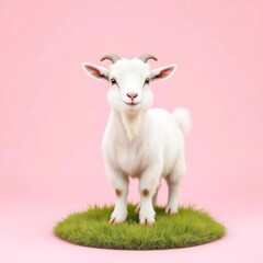 Obraz premium Adorable white baby goat standing on green grass patch against soft pink background