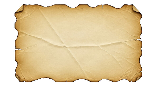 A rectangular piece of aged parchment paper with rough burnt edges and visible crease lines