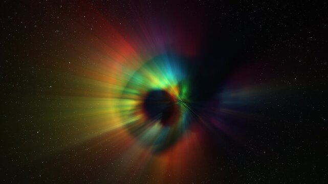 Abstract multicolor glow eye with rays, science background. Bizzard planet structure in space, 4k