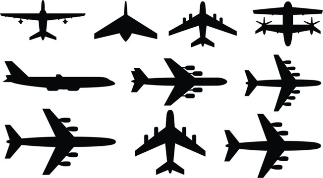 Collection of airplane vector silhouettes featuring various commercial and private aircraft for travel and logistics design.