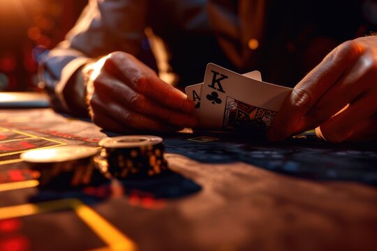 Close up of a persons hands holding playing cards at a poker table with chips.