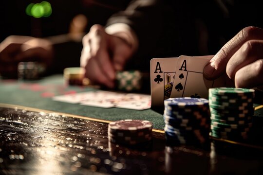 Close-up of a poker players hands with a pair of aces and stacks of chips on a dimly lit table.