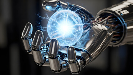 Obraz premium Robot hand holding glowing energy orb with electricity