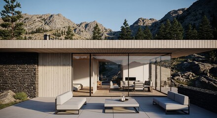 Fototapeta premium Modern minimalist house with large glass windows and outdoor patio overlooking rocky mountains under a clear sky.