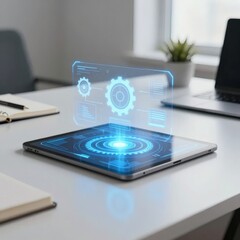 Fototapeta premium Digital Tablet with Holographic Workflow Automation Interface on Modern Office Desk, Futuristic Business Technology Concept