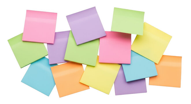 A collection of colorful square sticky notes arranged in a messy pile for office organization task