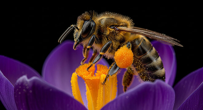 Extreme Macro of Honeybee with Pollen Basket on Vibrant Purple Crocus Flower, Nature Biodiversity and Pollination