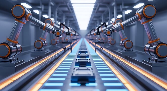 Robotics assemble vehicles on an automated factory production line, futuristic setting