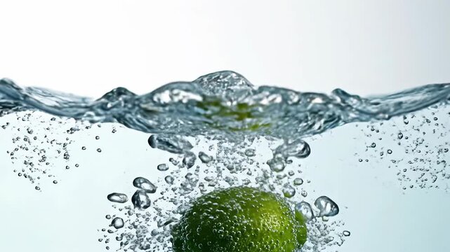 Lime Dropping into a Crystal Clear Water Creates Splash