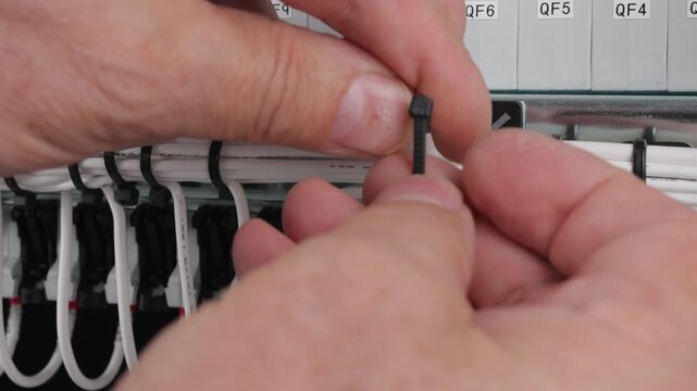 Installation of plastic ties on mounting wires in the electrical switchboard. 