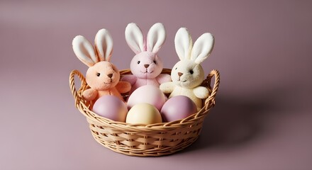 Naklejka premium Three adorable pastel colored easter bunnies in a wicker basket on a soft mauve background