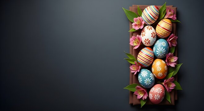 Vibrant easter eggs and flowers on dark background
