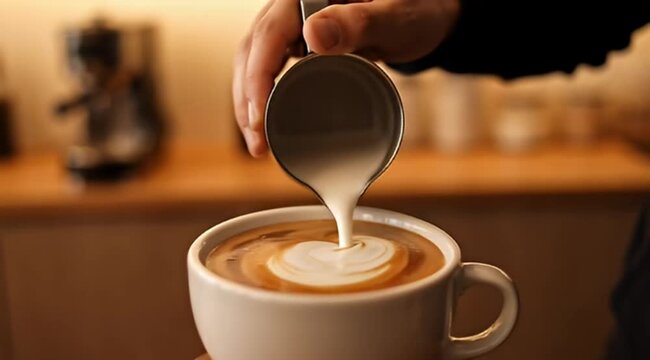 A barista pours steamed milk into a cup of coffee to create latte art