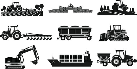 Agricultural and construction machinery silhouettes vector set, tractors excavator cargo ship and farming equipment collection, industrial transport icons © It's Majed Here