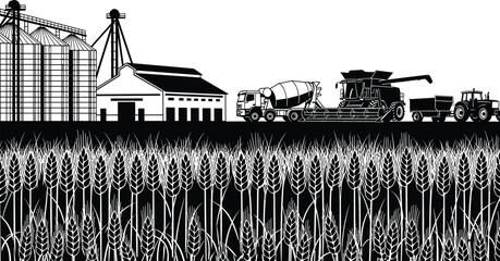 Agricultural farm landscape vector illustration, wheat field with grain silos factory tractor and combine harvester vehicles rural farming industry scene © It's Majed Here