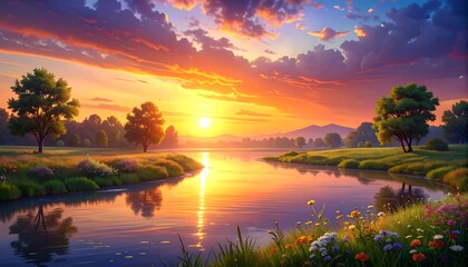 Naklejka premium Colorful sunrise over a calm river. Lush landscape with trees and wildflowers