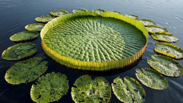 Aerial View of Vibrant Circular Lily Pad Arrangement on Tranquil Water Surface with Intricate Patterns