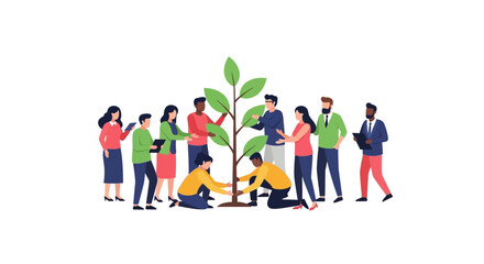 Diverse Team Planting a Tree: Collaborative Business Growth, Sustainability, and Environmental Care Concept
