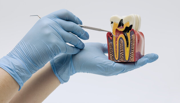 Gloved hands holding a detailed tooth cross section model, illustrating cavity development and internal tooth structure for dental education and healthcare training.