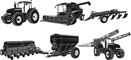 Agricultural machinery vector illustration set, tractor combine harvester plow seed drill grain trailer and crop sprayer for modern farming equipment © It's Majed Here